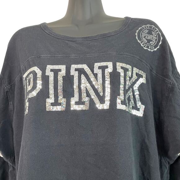 Victoria's Secret PINK Silver Sequin Logo Size Small 3/4 Sleeve Black T-Shirt - Picture 3 of 8